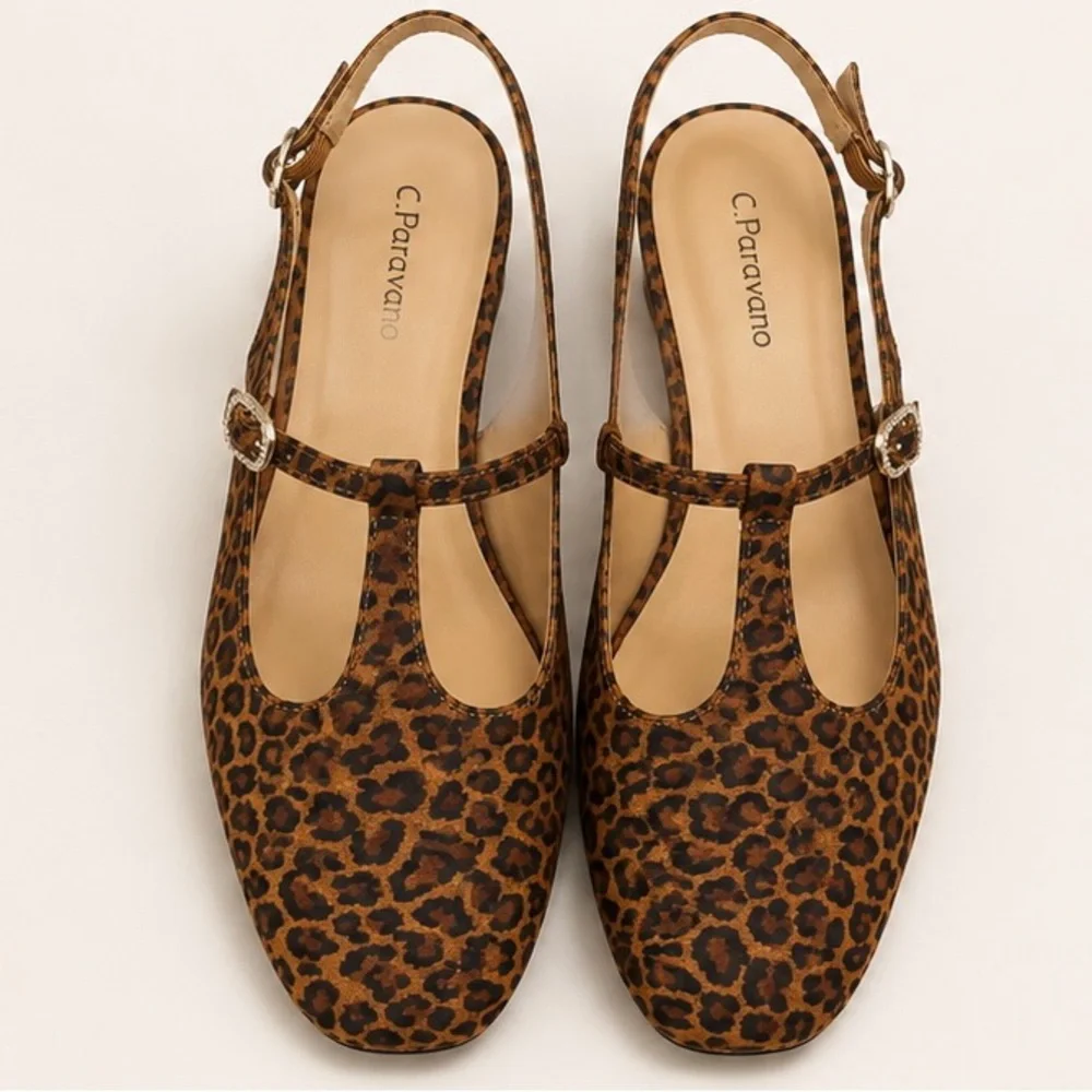 C. Paravano Leopard T‑Strap Slingback Flats - Brown Leopard